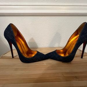 Christian Louboutin So Kate 120 Blue Denim Saba Gold Stiletto Heel Pump 41